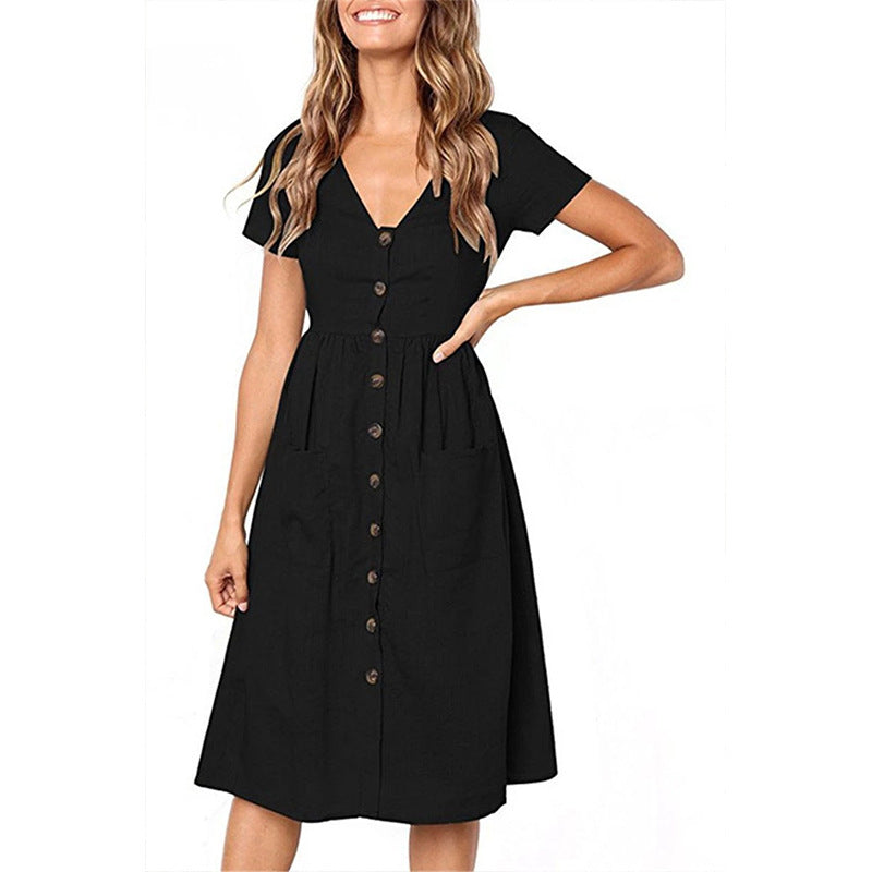 Robe A Line Femme Décolleté En V Boutons Devant Manches Courtes Coton Mélangé Midi Poches Pratiques