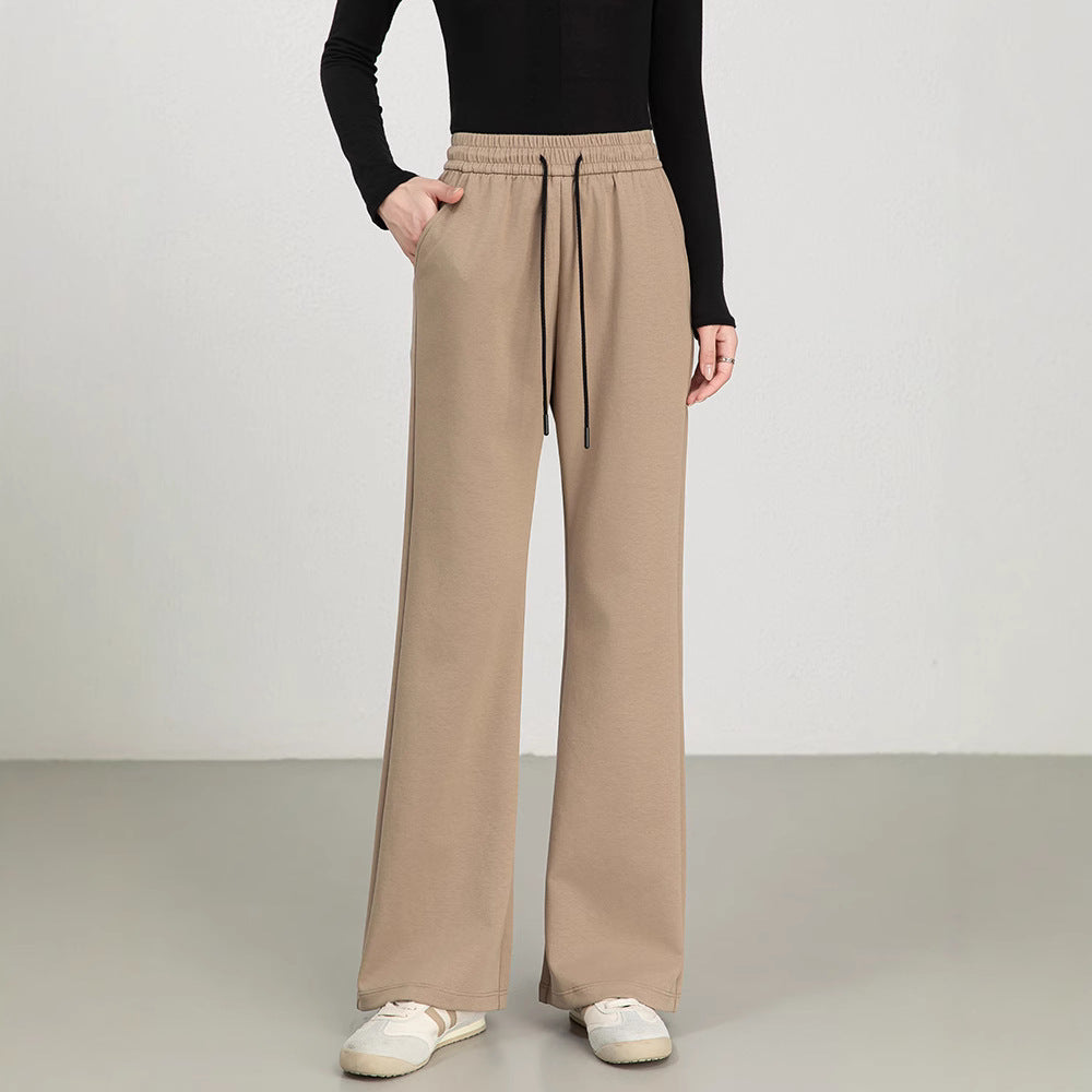 Pantalon Femme à Jambe Large Taille Haute Mélange de Coton Avec Ceinture à Cordon et Taille Élastique