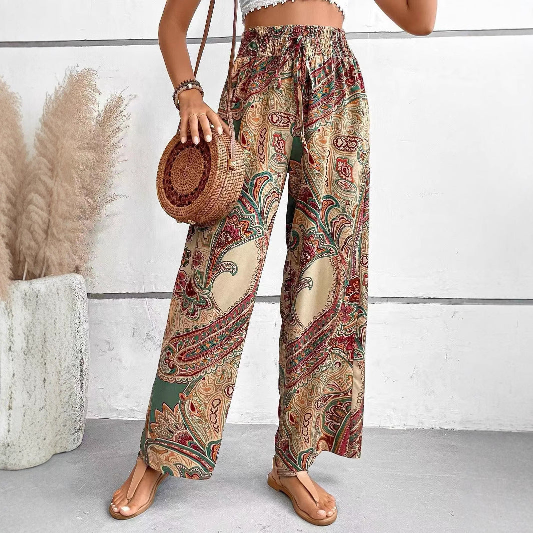 Pantalon Femme Ample Taille Élastique Respirant Léger Imprimé Bohème Style Nordique Confortable Idéal Été