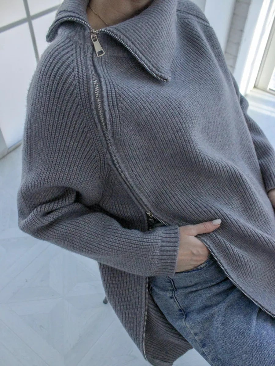 Pull Oversized En Tricot Côtelé Avec Zip Asymétrique Et Col Large Pour Femme Nordisk Flair