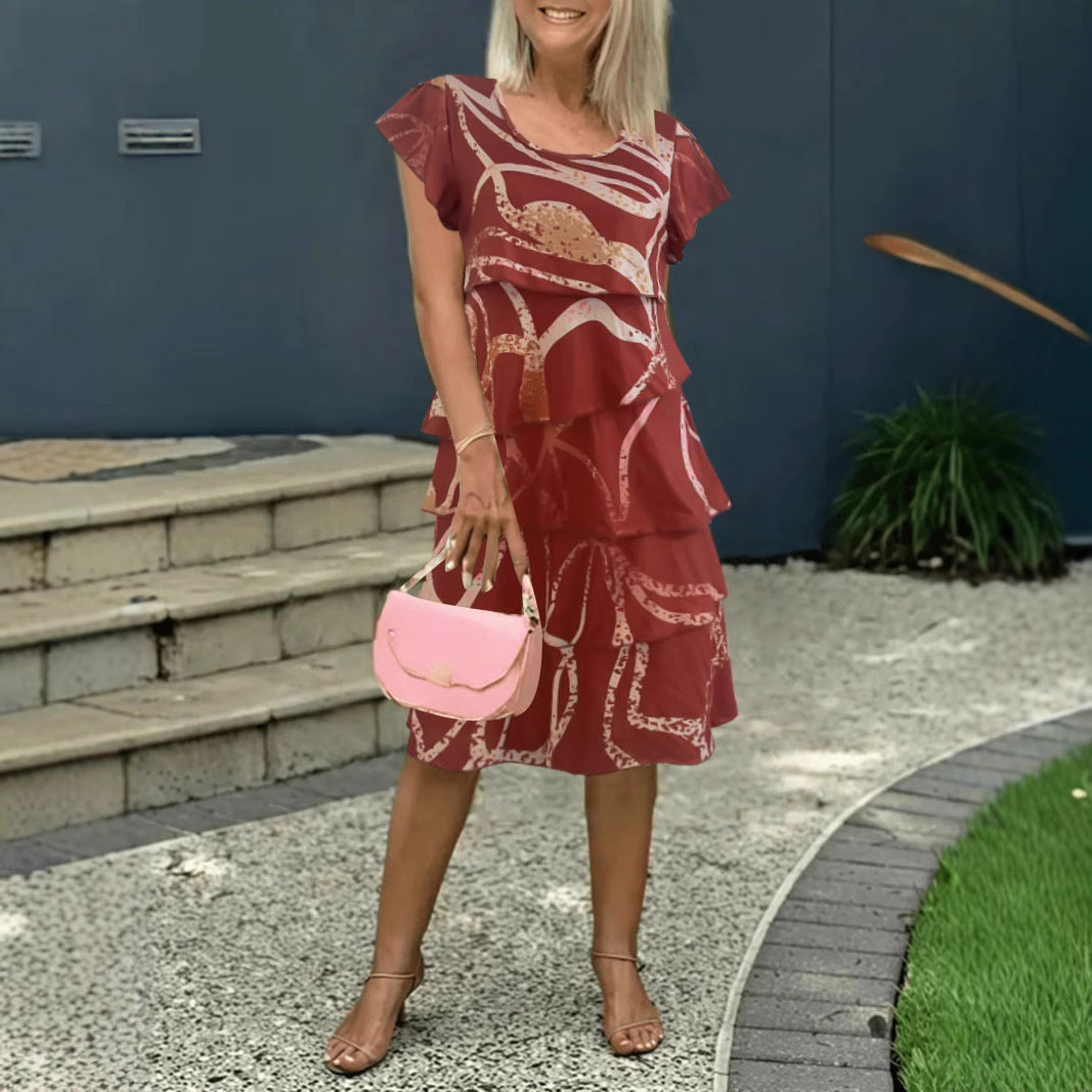 Robe Midi Femme Décontractée Imprimé Floral à Volants en Étages et Manches Évasées