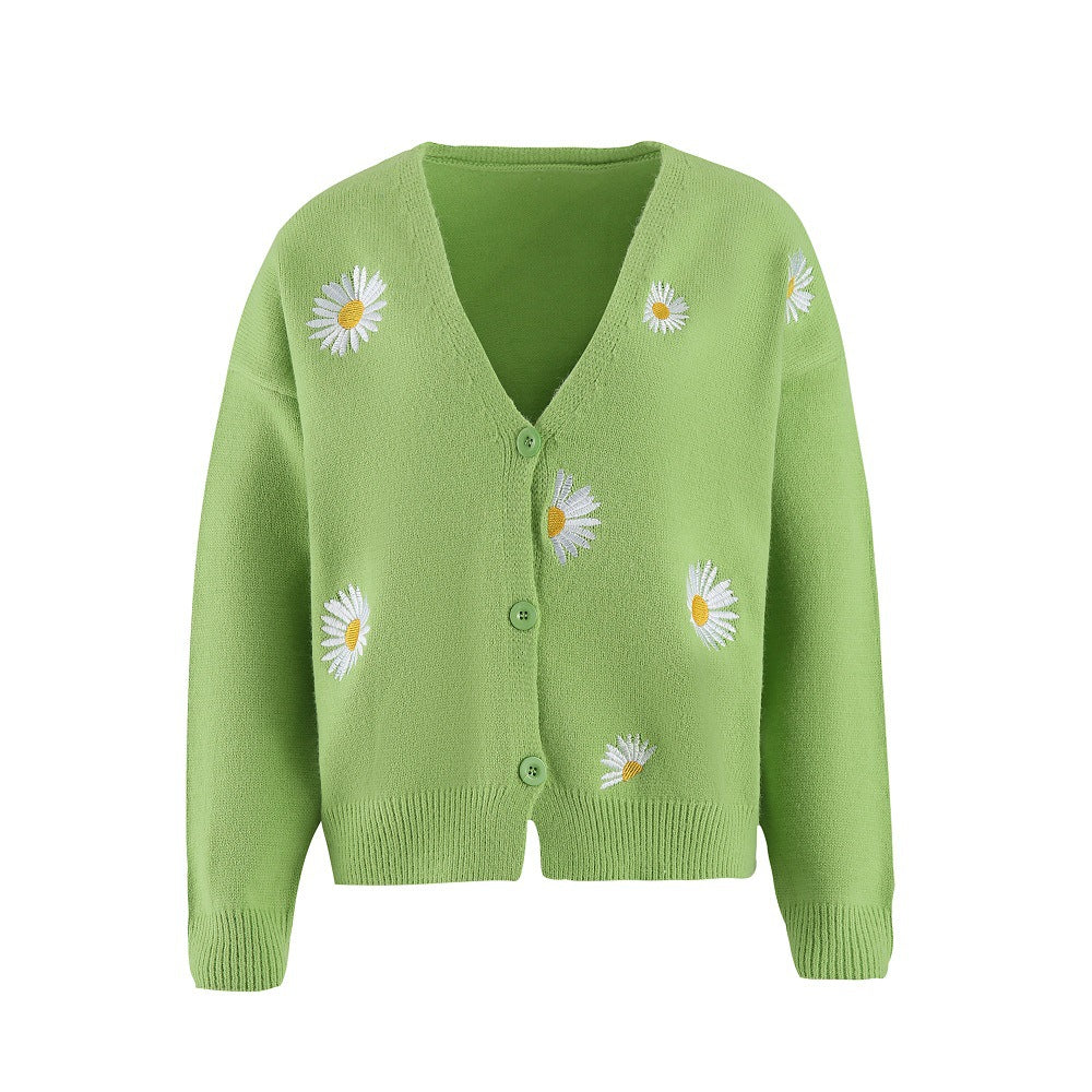 Damen Strickjacke mit Blumenstickerei und V-Ausschnitt Amawinc