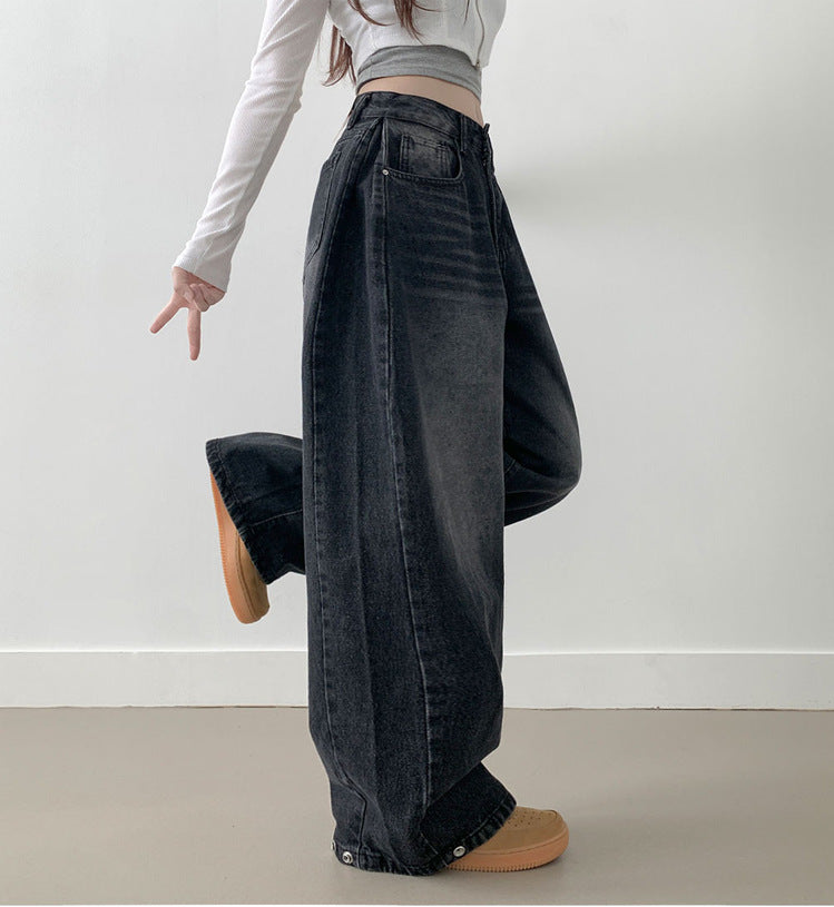 Damen Weite High-Waist Denim-Hose mit Faltenwurf Amawinc