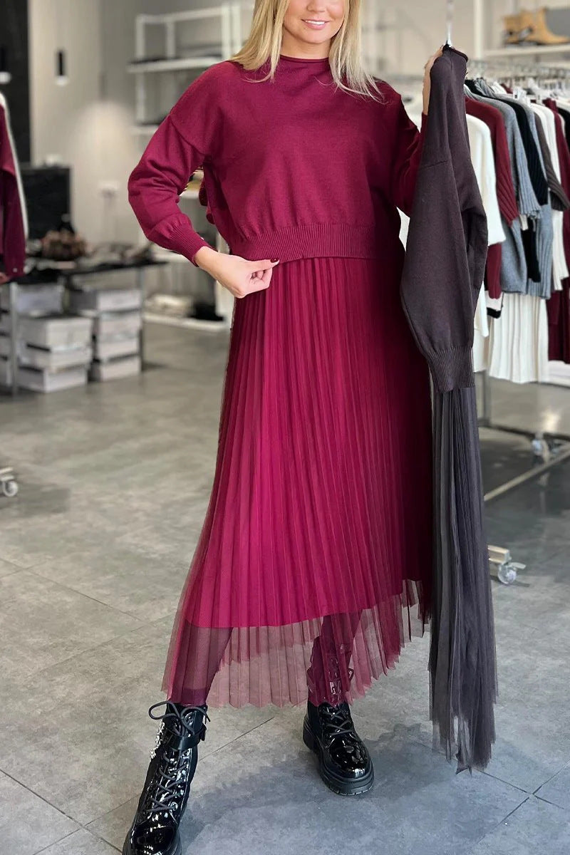 Damen Elegantes Faltenrock- und Pullover Set Amawinc