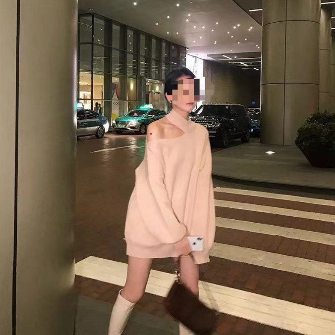 Damen Oversized Pullover mit schulterfreiem Design und hohen Kragen Amawinc