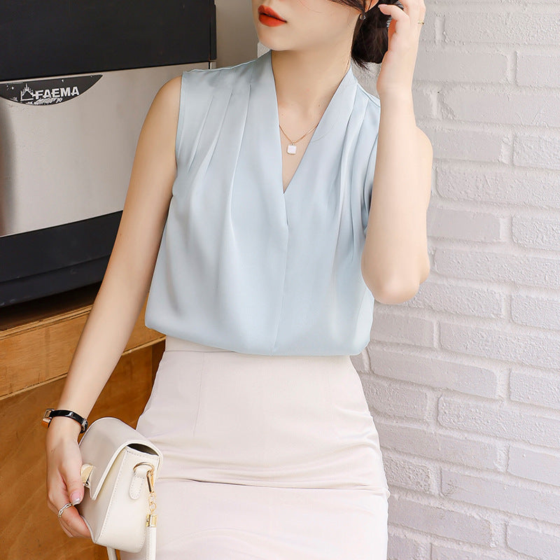 Blouse Plissée À Encolure En V Sans Manches Effet Drapé Satin Polyester Élégante