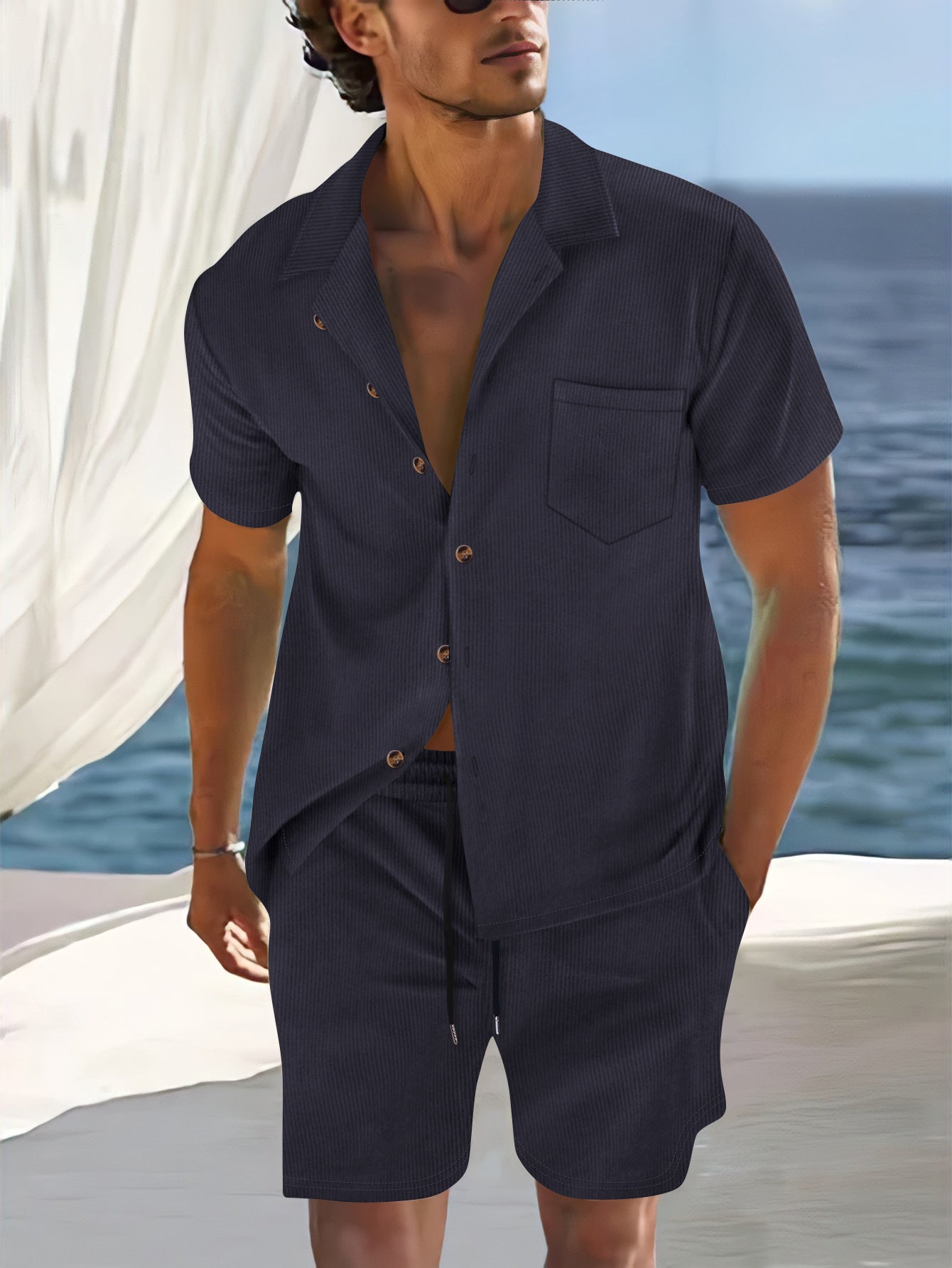 Ensemble Homme Chemise Et Shorts Coupe Décontractée Col Cubain Coton Mélangé Léger Pour Été