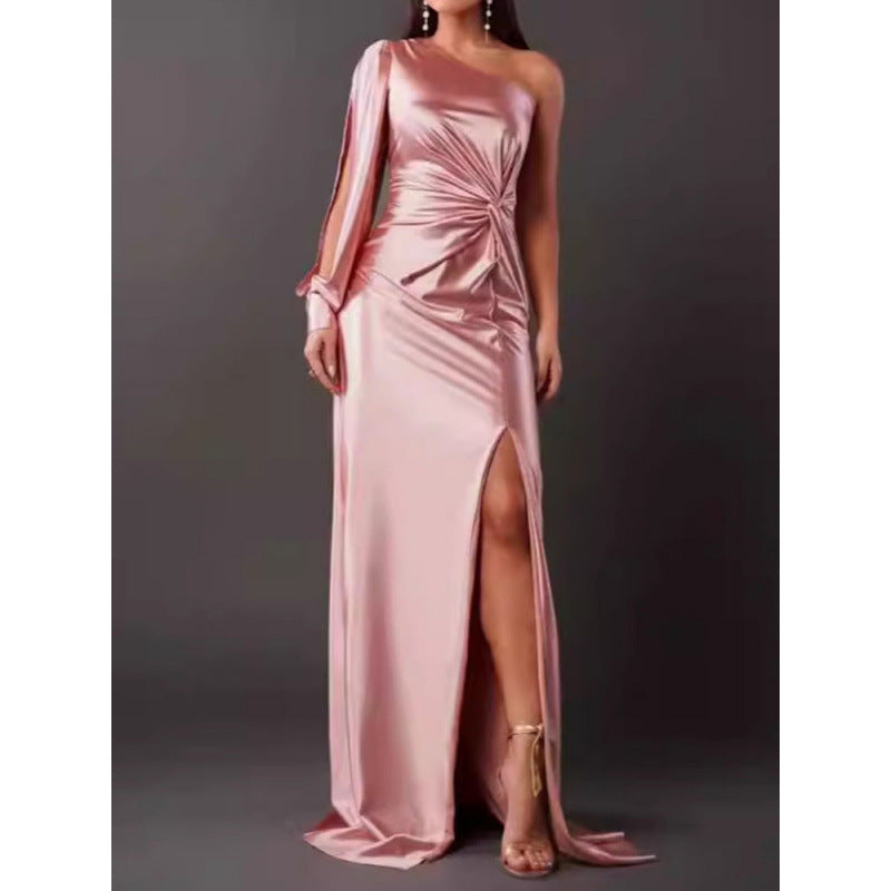 Robe À Une Épaule Pour Femme Maxi En Satin Élégante Coupe Slim Avec Fente Haute Pour Soirée