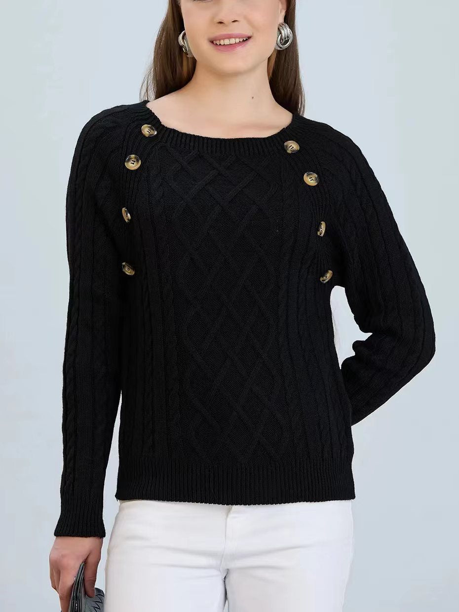 Damen Strickpullover mit klassischem Rautenmuster und dekorativen Knöpfen Amawinc