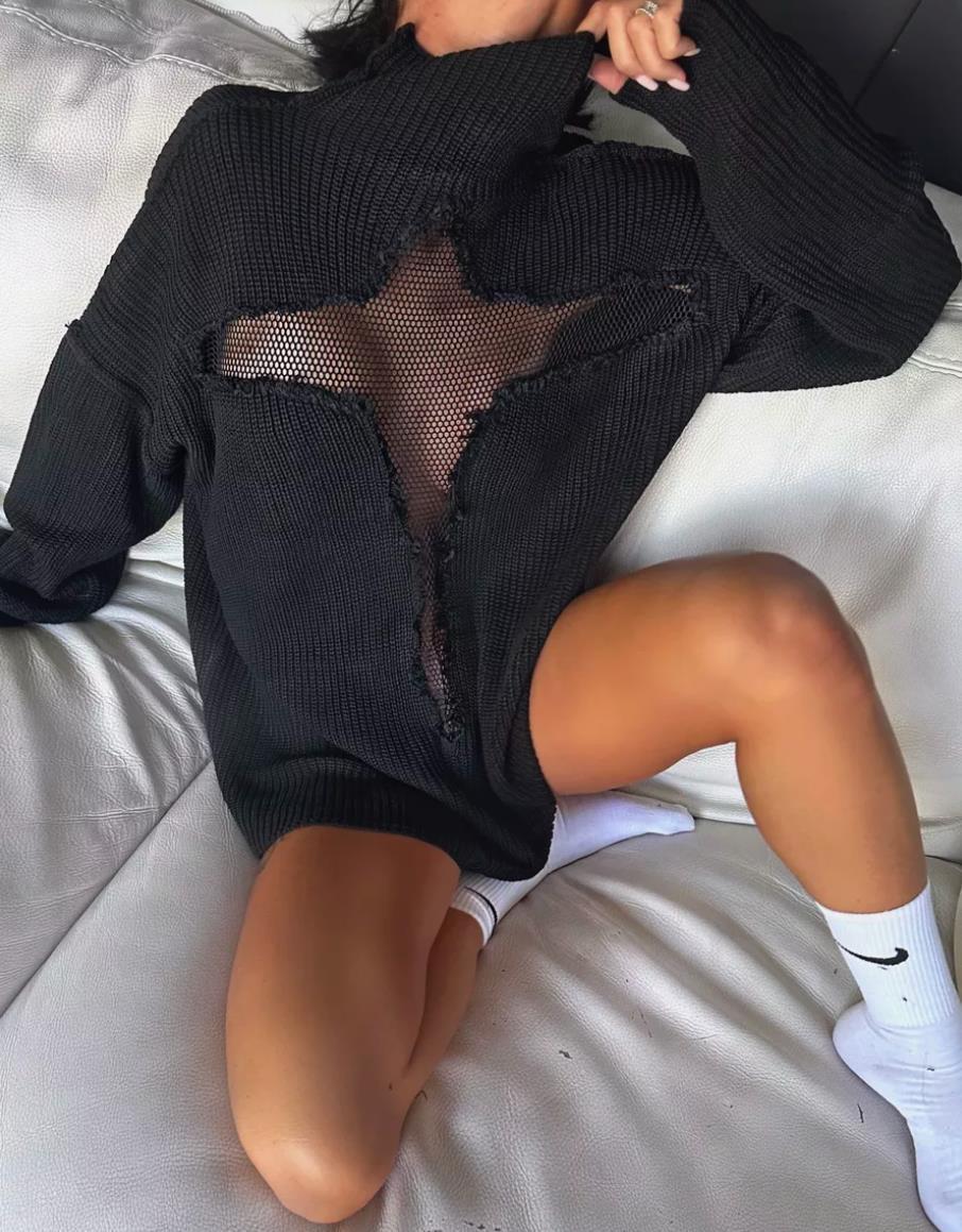 Damen Oversized Strickpullover mit aufregendem Mesh-Einsatz und unkonventionellem Design Amawinc