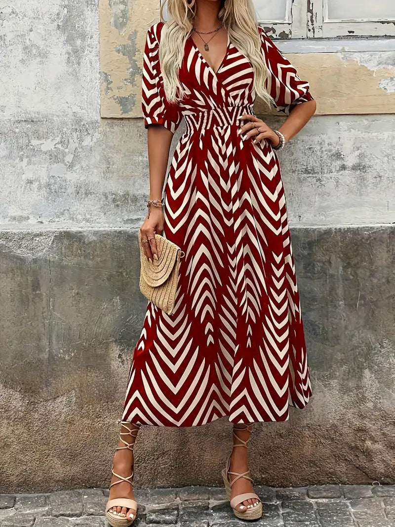 Robe Femme Midi A Ligne Avec Encolure V Croisée Ceinture Manches Bouffantes Chevron
