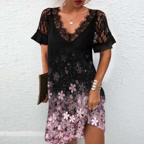 Kurzes, elegantes Spitzenkleid mit V-Ausschnitt von Fudus