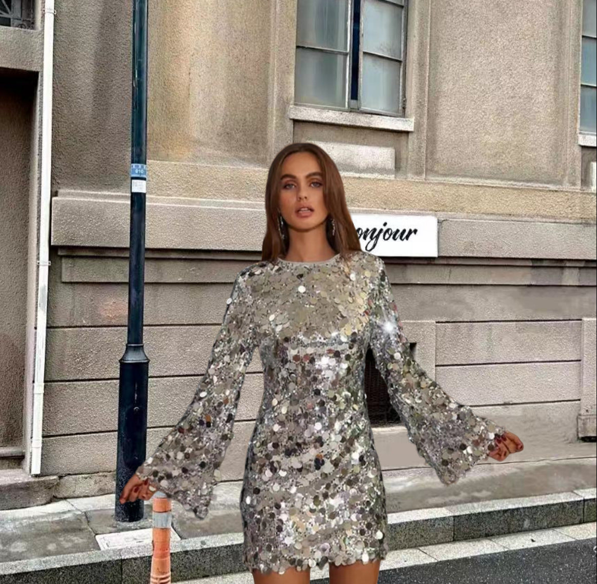 Damen Funkelndes Pailletten Cocktailkleid mit ausgestellten Ärmeln Amawinc