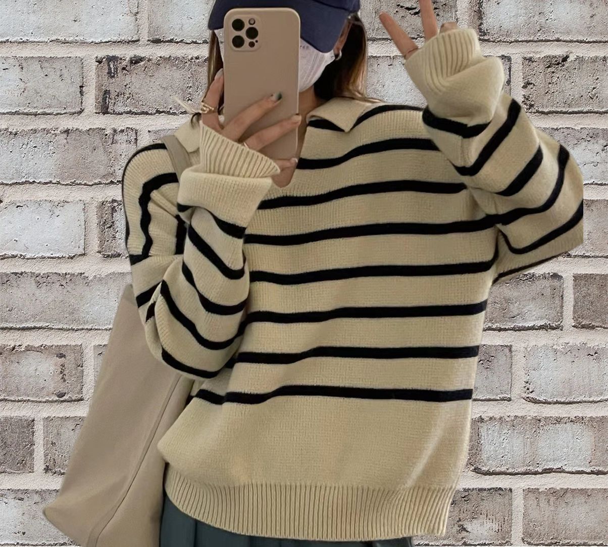 Pull Femme Décontracté En Laine Tricot Col V Rayé Style Casual Idéal Pour Journées Décontractées Avec Jeans
