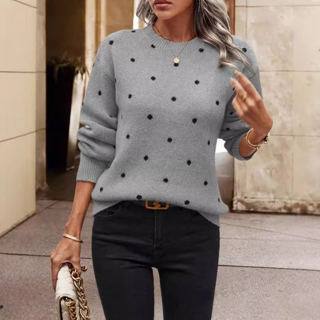 Amawinc Pull En Maille Femme Coupe Décontractée Motif Pois Col Rond Manches Longues Élégance Quotidienne