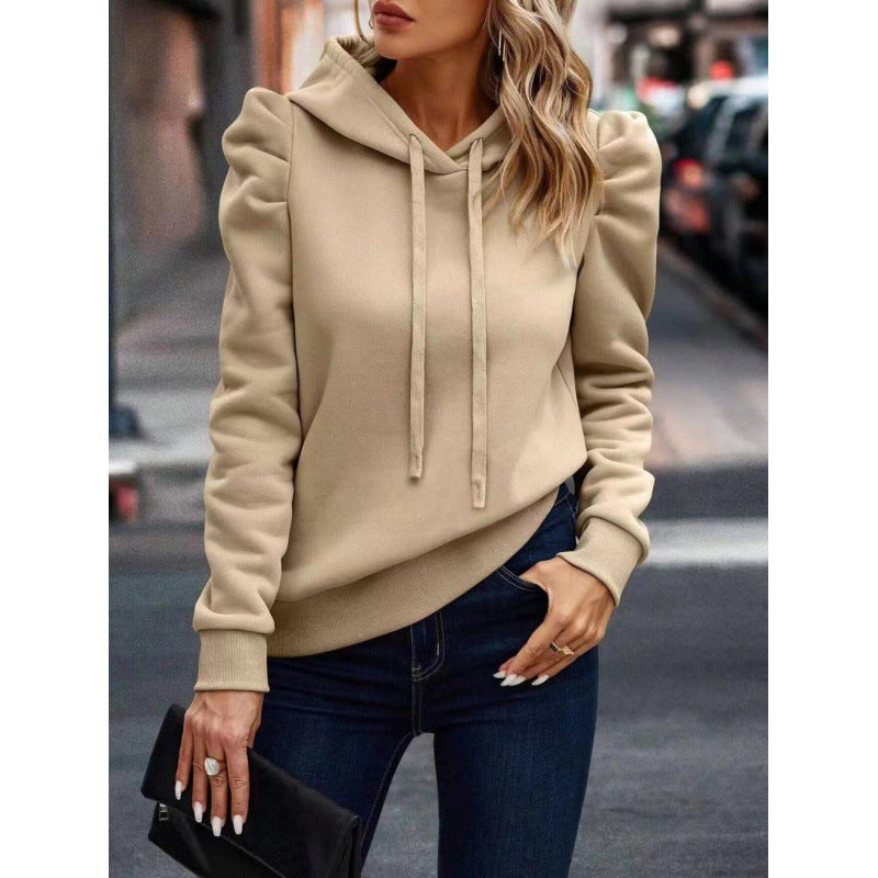 Damen modischer Kapuzenpullover mit Puffärmeln und praktischen Taschen Amawinc