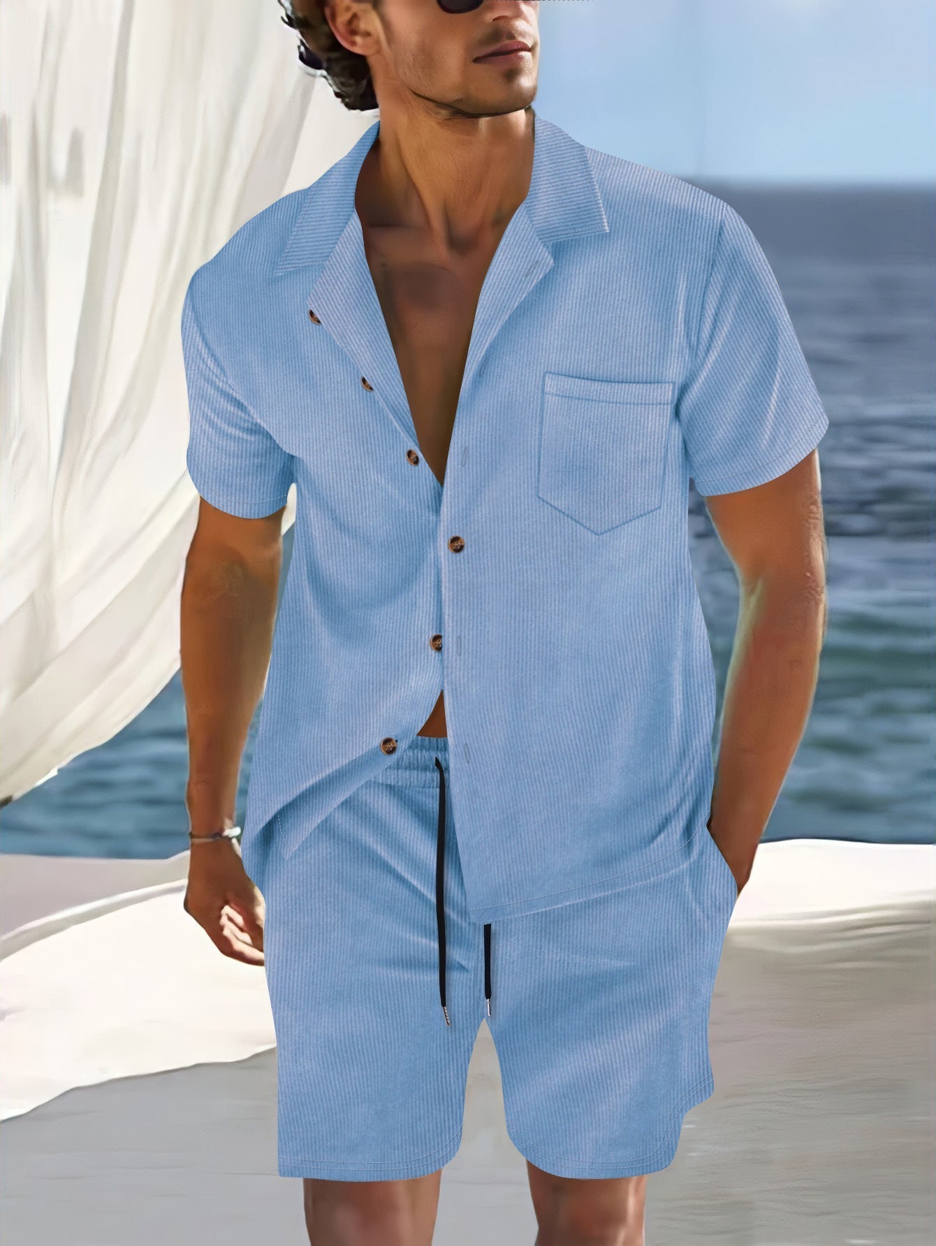 Ensemble Chemise Homme Manches Courtes Avec Col Revers Rayures Verticales Bouton Devant Deux Pièces Été Décontracté