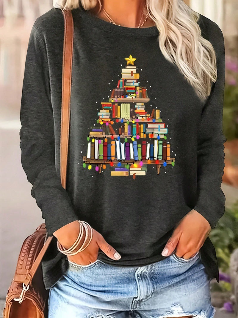 Damen lässiger Langarm-Pullover mit festlichem Bücher-Motiv Amawinc