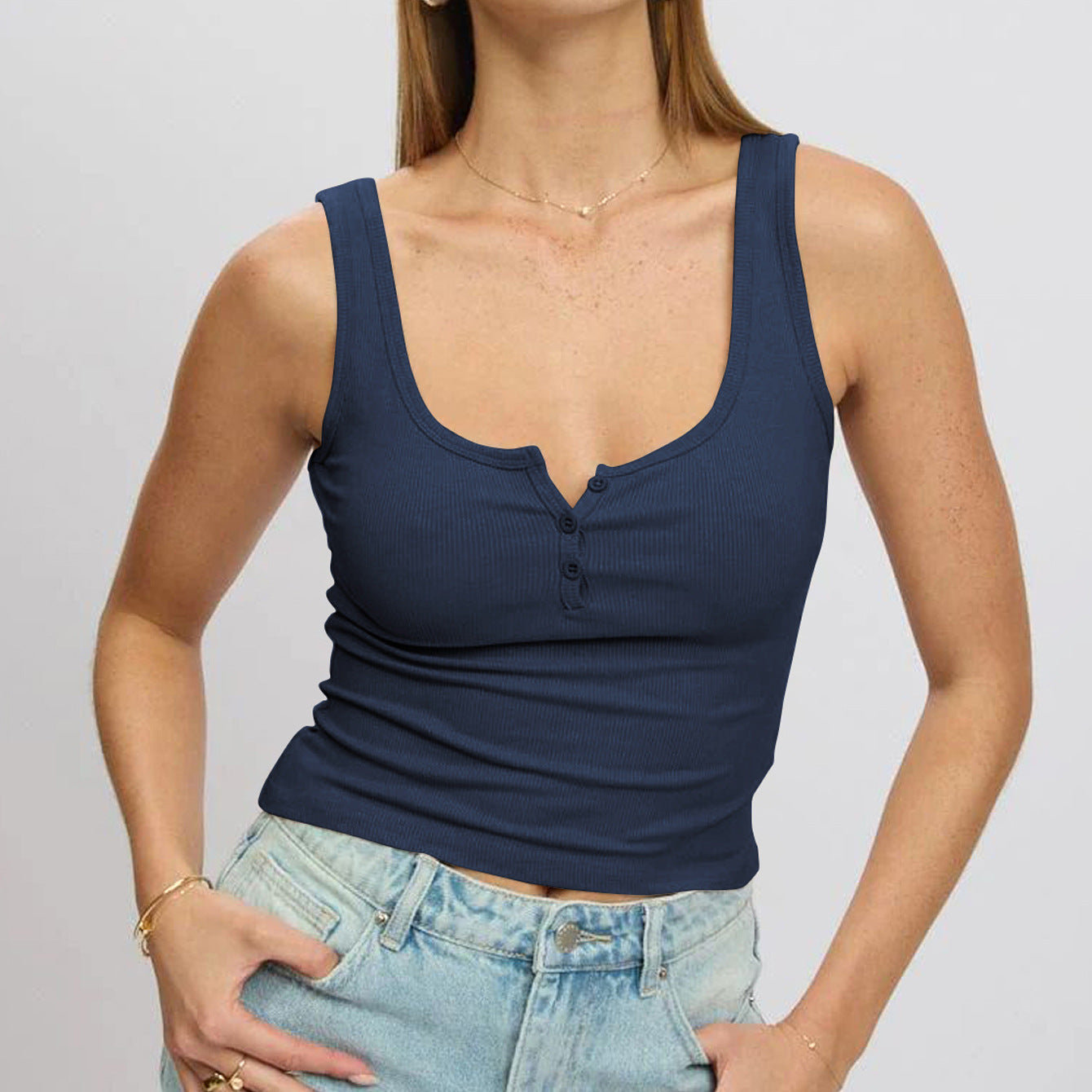 Damen körperbetontes Ripp-Top mit Knopfleiste und weitem Ausschnitt Amawinc