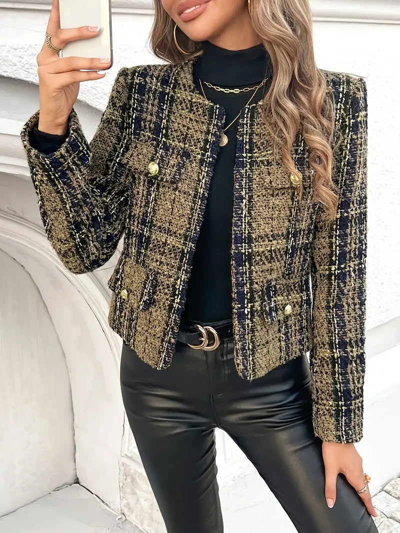 Damen Tweed-Blazerjacke mit goldenen Knöpfen Amawinc