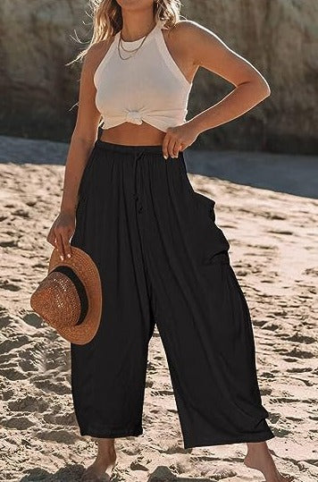 Baumwoll-Leinen Hose Louinda mit weitem Bein, elastischem Bund und Taschen