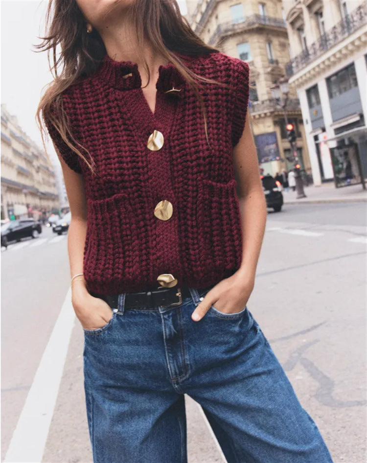 Damen Strickweste mit eleganten Knöpfen und praktischen Taschen Amawinc