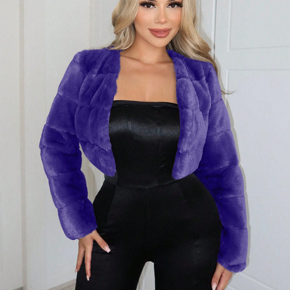 Damen Kurze Kunstpelzjacke mit breiten Ärmeln Amawinc