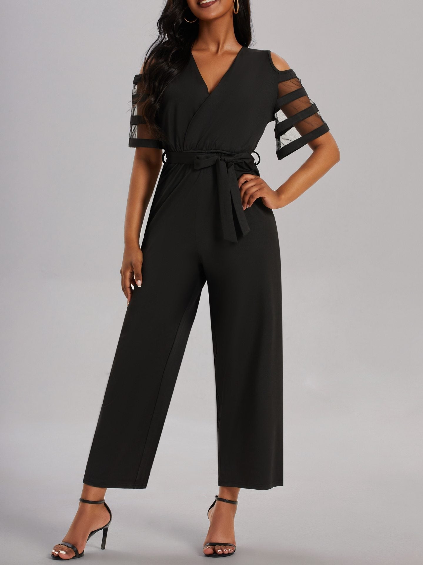Damen Eleganter Jumpsuit mit transparenten Ärmel-Details und Taillengürtel Amawinc
