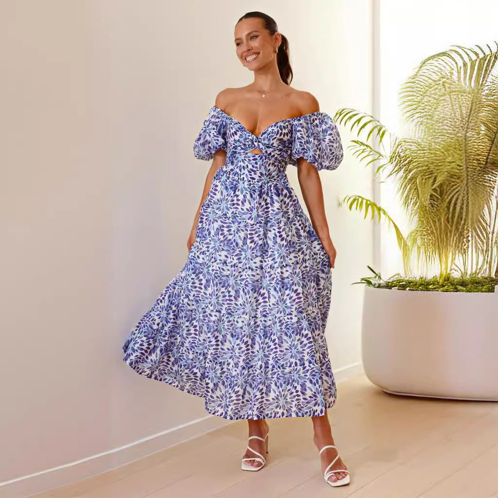 Robe Maxi Femme Épaule Dénudée Manches Bouffantes Taille Smockée Imprimé Floral Estival