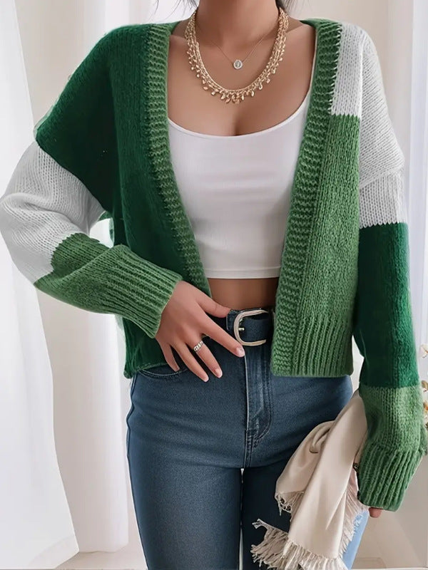 Cardigan Femme Maille Court V-Neck Motif Bloc Sophistiqué Style Décontracté Pour Toutes Saisons