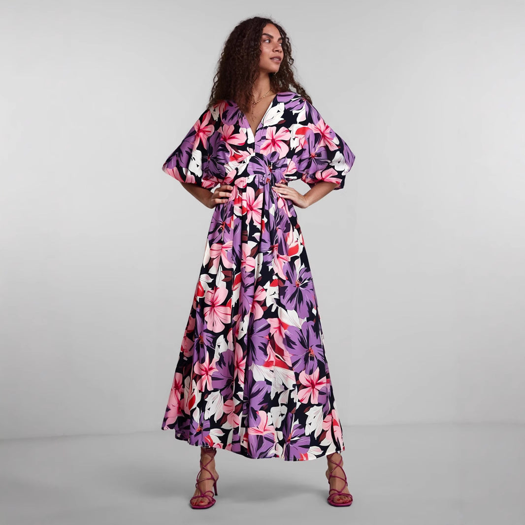 Robe Maxi À Fleurs Amawinc Taille Haute Col V Fente Décontractée Été Confort Respirant