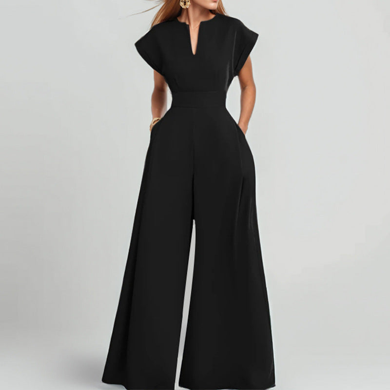 Combinaison Femme Ample Col V Manches Courtes Pantalon Évasé Avec Poches Nordic Flair