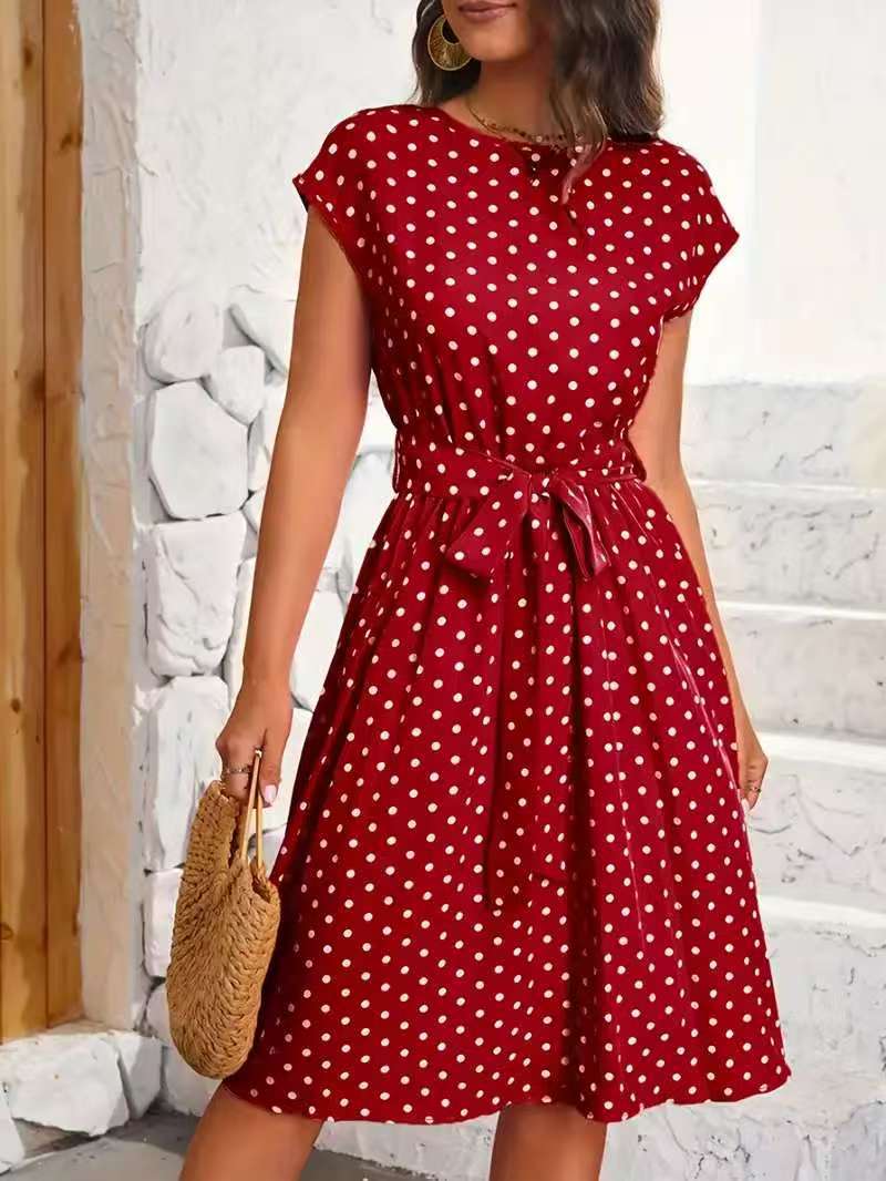 Damen Midikleid mit taillierendem Bindegürtel und verspieltem Polka-Dots Design Amawinc