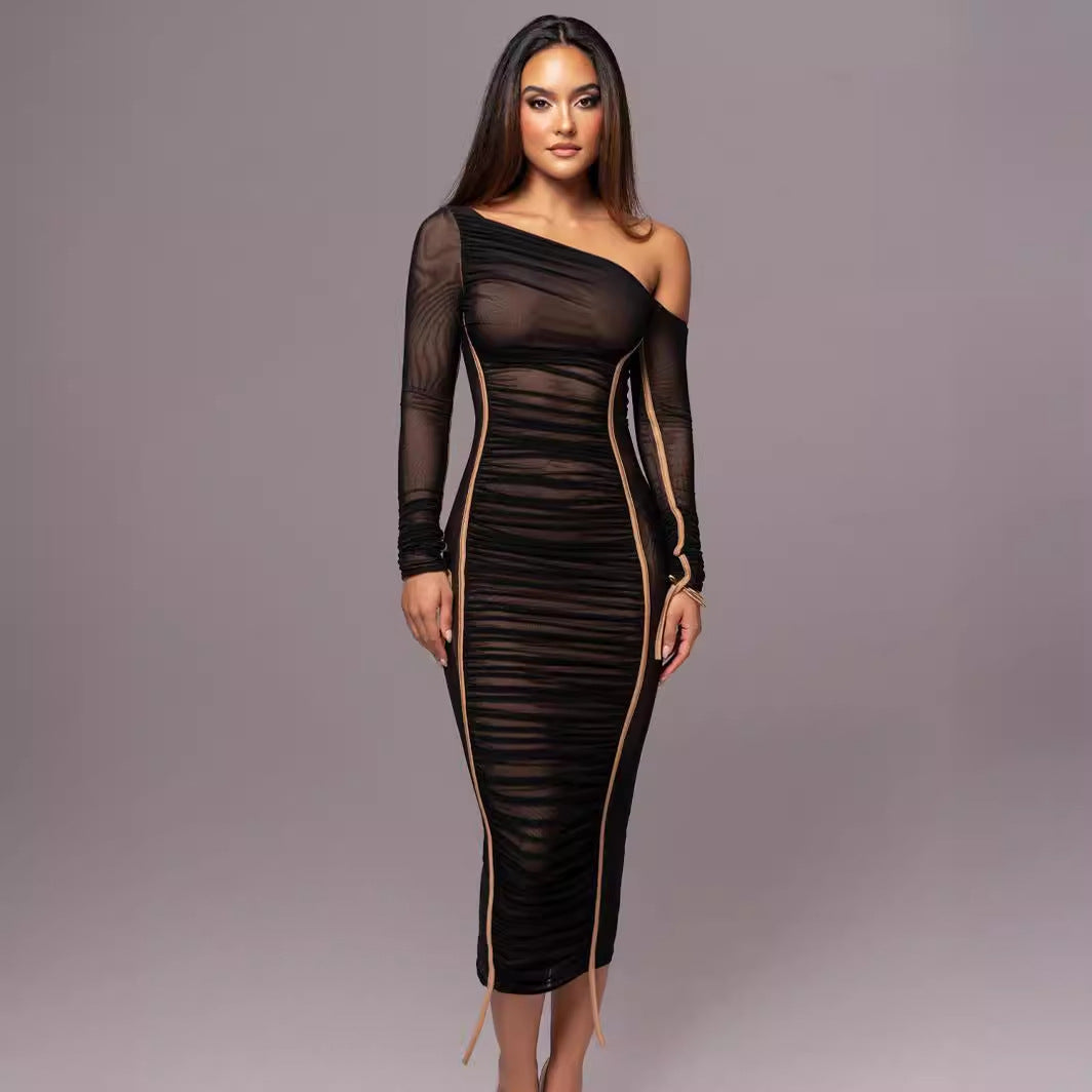 Robe Moulante Femme Épaule Asymétrique Manche Longue Élégance Sur Mesure Amawinc Exclusive