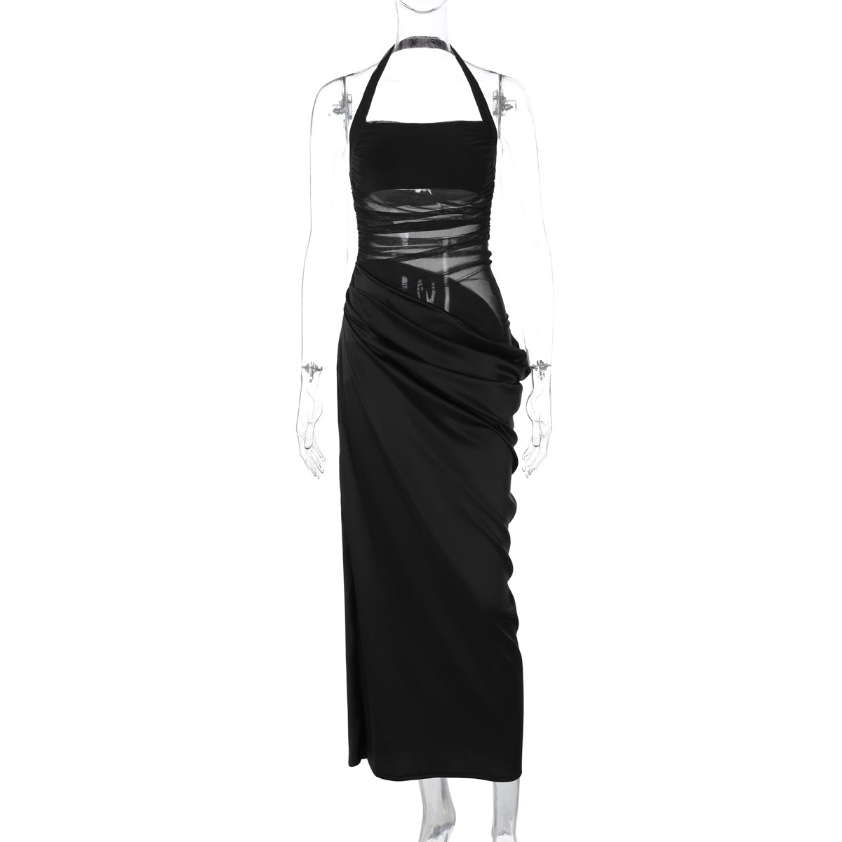 Robe Maxi Femme Bodycon Col Halter Avec Panneaux Maille Pour Soirée Élégante Glamour Moderne