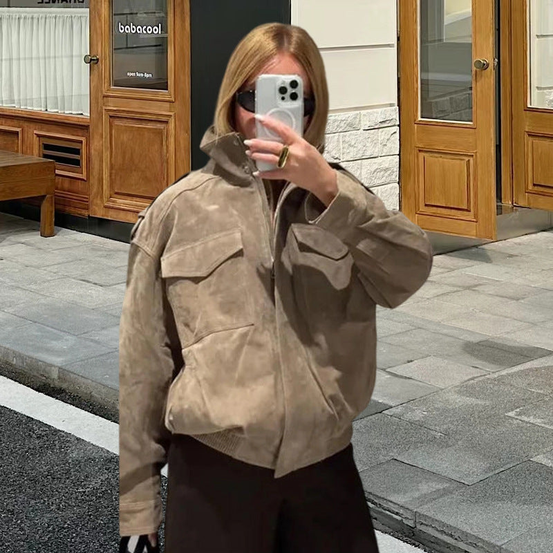 Damen Modische Oversized-Wildlederjacke mit praktischen Taschen und hohem Kragen Amawinc