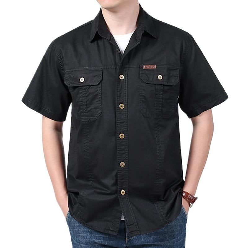 Chemise Pour Homme Coupe Décontractée Manches Courtes En Mélange De Coton À Fermeture À Boutons Avec Poches Poitrine