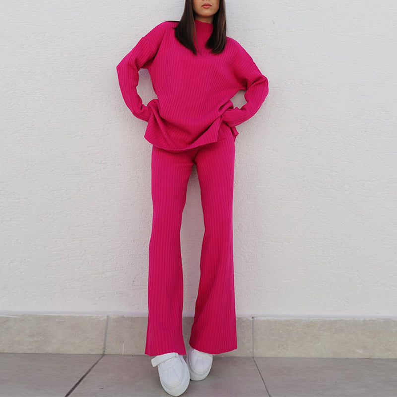 Ensemble Femme En Maille Côtelée Coupe Décontractée Manches Longues Pantalon Large À Jambe Évasée Nordic Flair