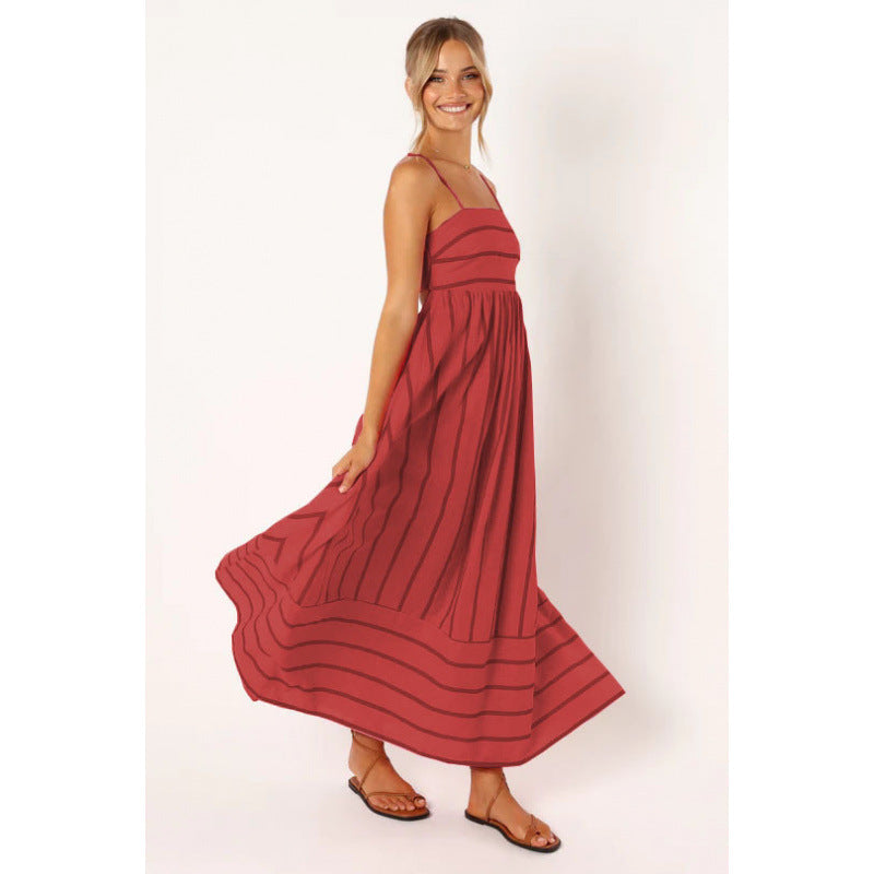 Damen Maxikleid mit feinen Streifen und elastischem Taillenbund Amawinc
