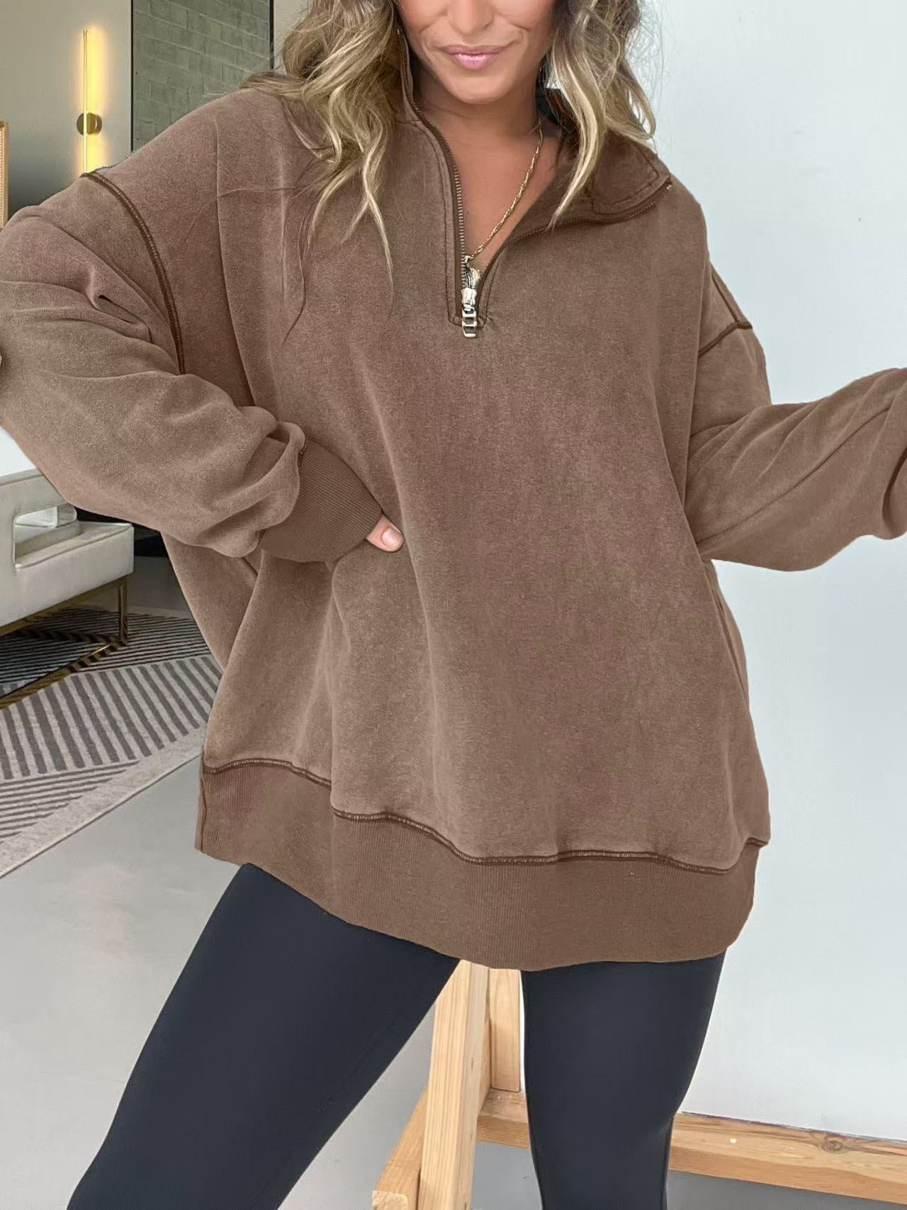 Damen Bequemer Fleece-Pullover mit halbem Reißverschluss Amawinc