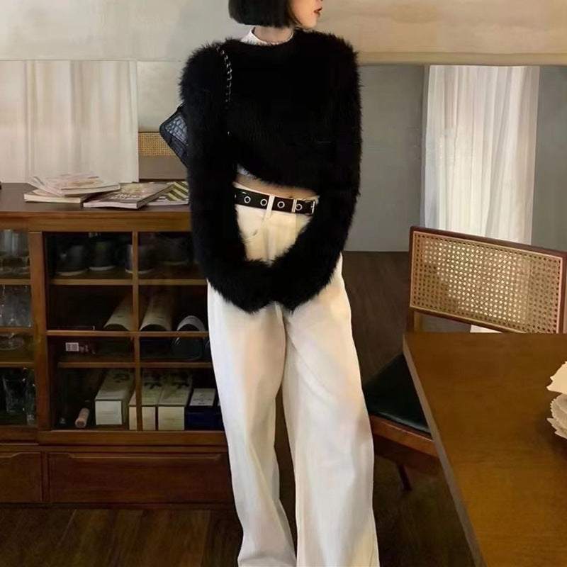 Damen modischer cropped Pullover mit weichem Flausch-Material Amawinc