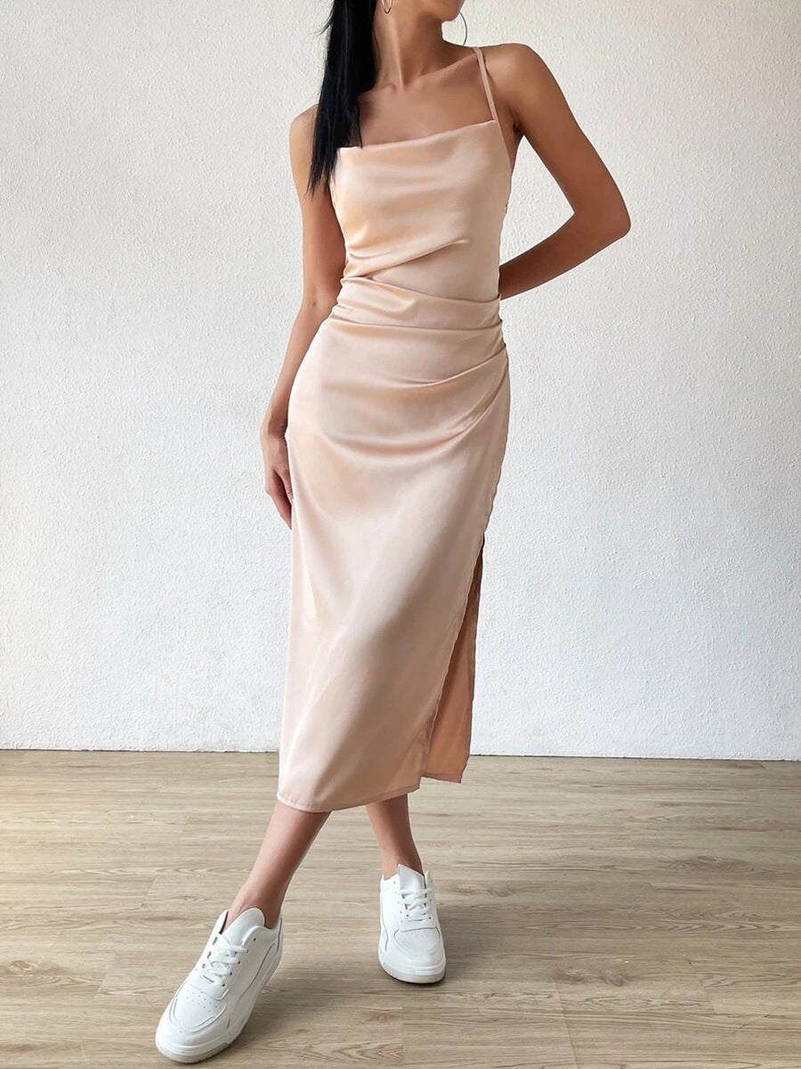 Robe Déshabillée Femme En Satin Midi À Fente Élégante Et Ajustée Pour Jour Et Nuit
