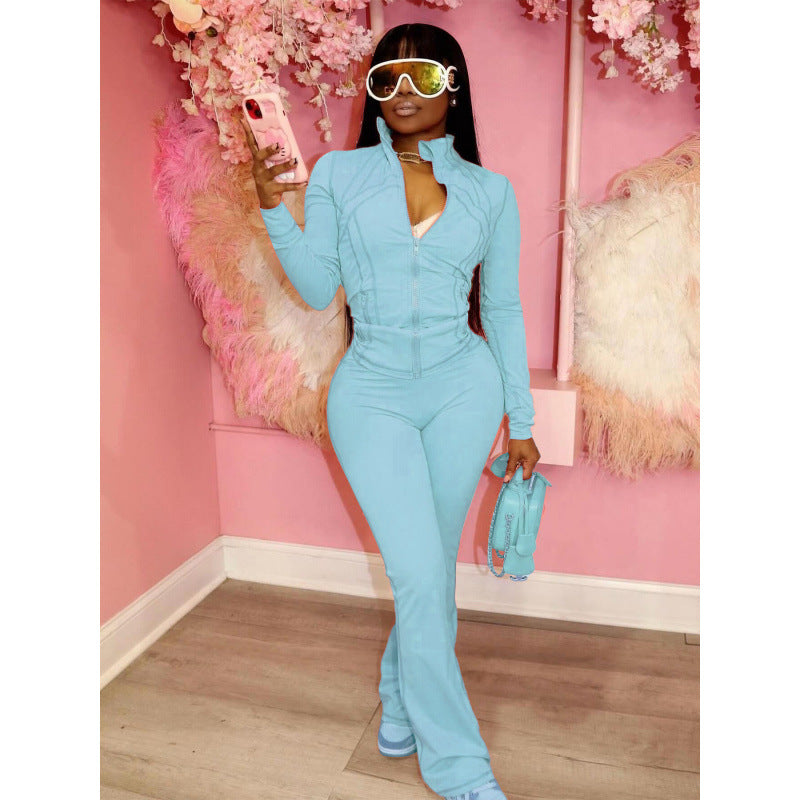 Damen figurbetonender Jumpsuit mit Hochkragen und durchgehendem Reißverschluss Amawinc