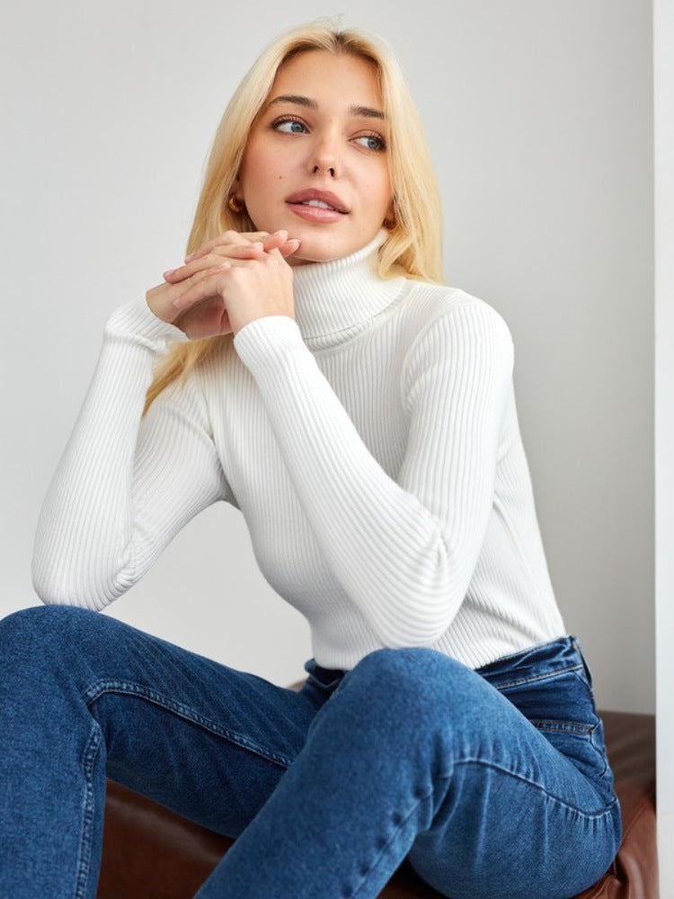 Pull Col Roulé Femme Coupe Slim Tricot Côtelé Manches Longues Couche Élastique Idéal Pour Superposer
