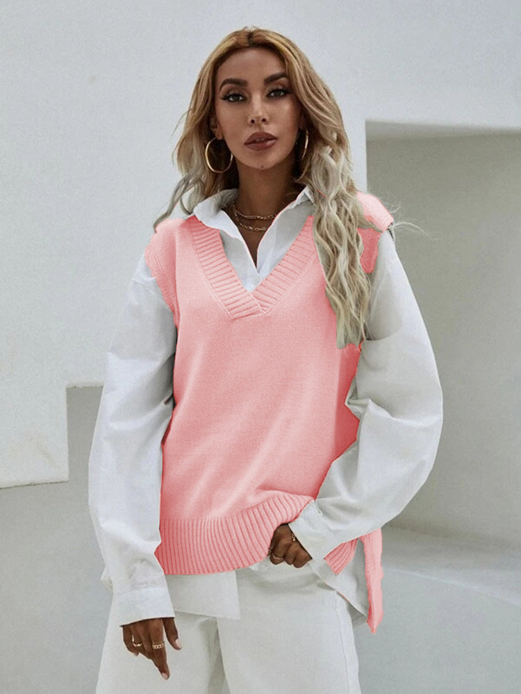 Damen Strickweste mit V-Ausschnitt und eleganter Rippenstruktur Amawinc