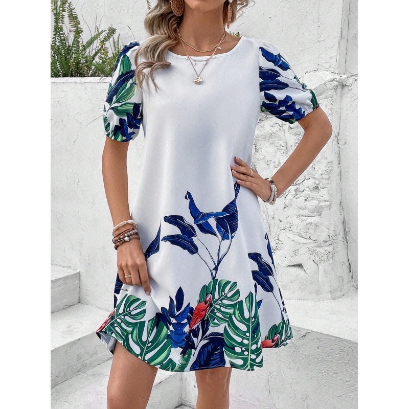 Fudus lockeres Rundhals-Blumenkleid für Frühling und Sommer