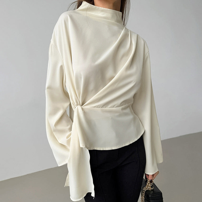 Blouse Femme Chiffon Léger Drapé Élégant Manches Longues Silhouette Ajustée Pour Bureau