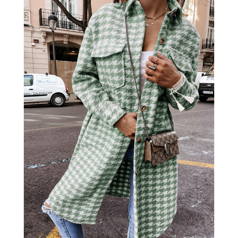 Damen Hahnentritt-Muster Oversized Hemdjacke Amawinc