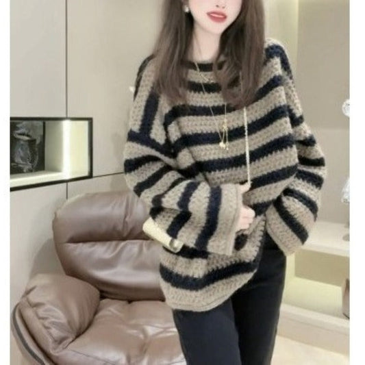 Damen Grobstrickpullover mit lässigem Streifenmuster und voluminösen Ärmeln Amawinc - Amawinc