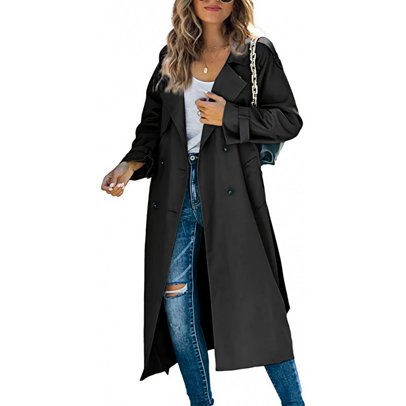 Damen eleganter Trenchcoat mit doppelt Reihe Knopfverschluss und Taillengürtel Amawinc